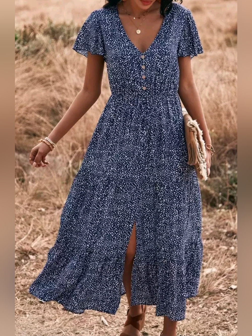 New Boho Flowy Dot Print Button Shirt Dress Navy Blue White